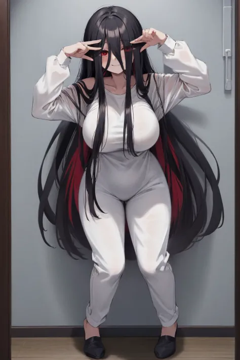 Yamamura Sadako has long hair, red eyes, hair covering eyes, red face, white clothes, smile, big breasts breast enlargement, full-body shot at home, looking at the camera