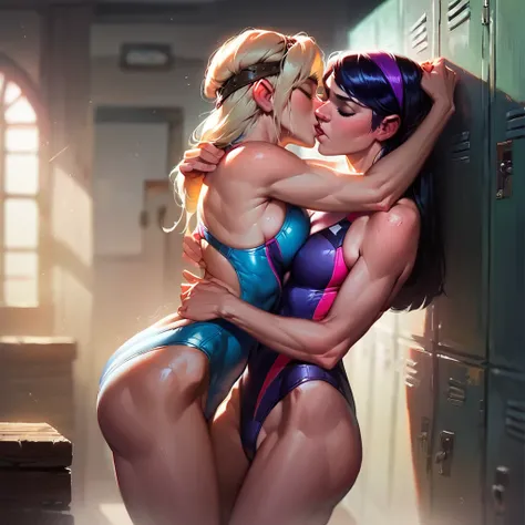 score_9, score_8_up, score_7_up, score_6_up, score_5_up, (high quality, detailed, beautiful), detailed soft lighting, rating_explicit, 2girls, (Astrid Hofferson, Violet Parr), university locker room, one-piece swimsuits, embracing, kissing, eyes closed, pa...