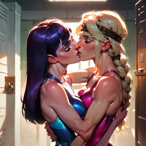 score_9, score_8_up, score_7_up, score_6_up, score_5_up, (high quality, detailed, beautiful), detailed soft lighting, rating_explicit, 2girls, (Astrid Hofferson, Violet Parr), university locker room, one-piece swimsuits, embracing, kissing, eyes closed, pa...