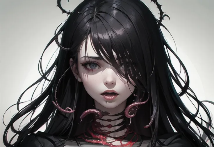 ((best quality)), ((masterpiece)), (detailed), perfect face((best quality)), ((masterpeice))
A porcelain skin woman with inner anatomic slick textured and designed tentacles, and serpent nerves, and veining tendrils bursting from mouth, eye, and throat, wr...