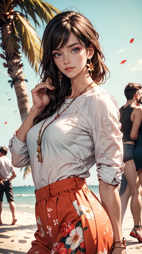 alone, whole body,Earrings, eyelash, pantyhose,, (Beach,(Palm tree),crowd,(White shirt), Floral print,Red lips),Sexy and provocative smile,, (Shiny skin:1.05),(blush:0.9),(Skin dents:1.15),Realistic, masterpiece, highest quality, High resolution,Absurd, (P...