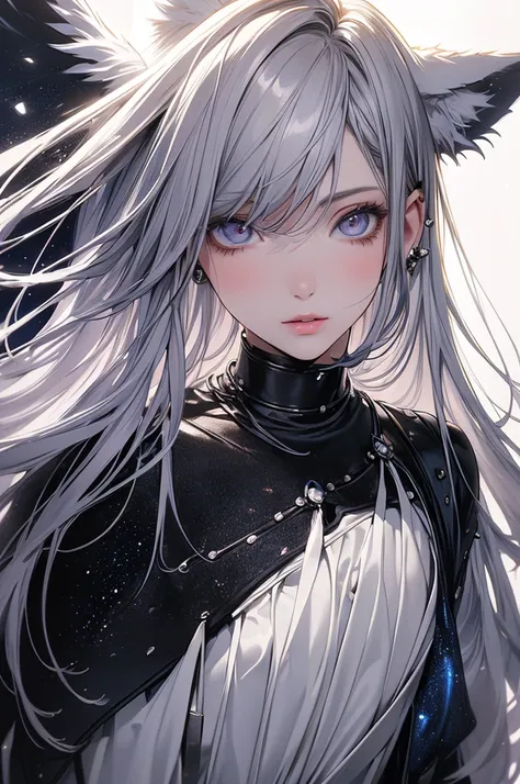 ((masterpiece, highest quality)),Ultra-high resolution, (realism: 1.4),Best illustrations,Line art,Very condensed adult female,Delicate and beautiful features,Slit eyes,Sharp face,A white coat with extremely detailed wrinkles,Silver Hair,Wolf ears,Big tail...