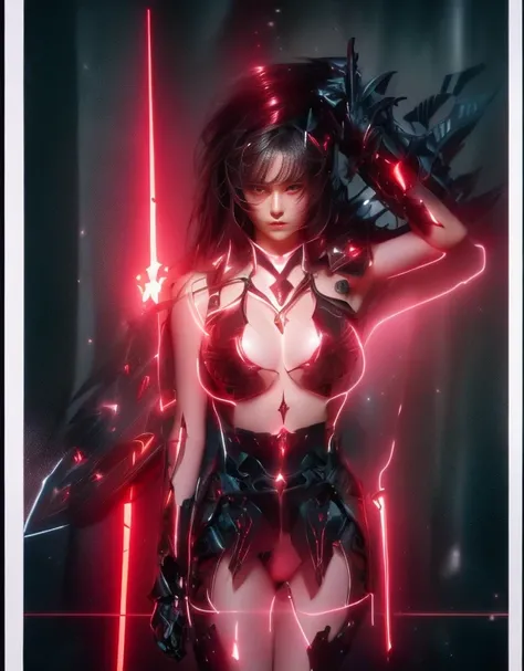 a ultra beautiful girl, with a black techno fantasy armor and a great sword in the back, cute, 12k, uhd, photorealistic,  red lights decourations, black short hairs, ((european white race)), (ultra beautiful gorgeous realistic), naked belly and (naked arms...