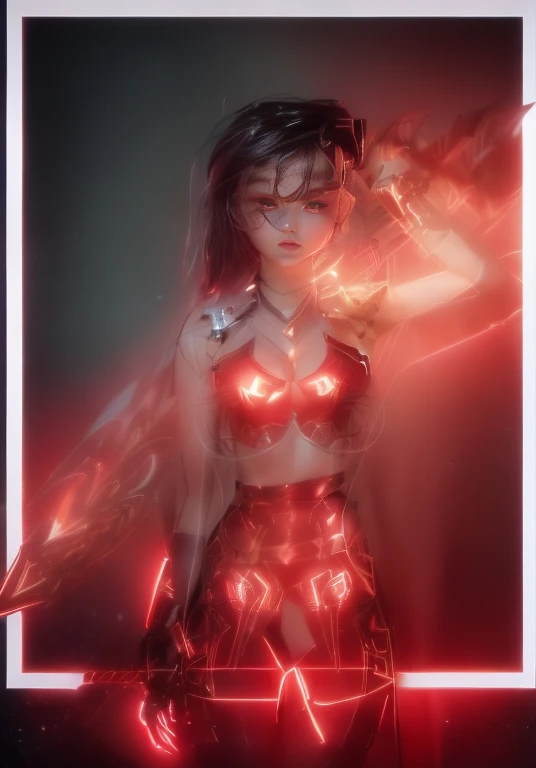 a ultra beautiful girl, with a black techno fantasy armor and a great sword in the back, cute, 12k, uhd, photorealistic,  red lights decourations, black short hairs, ((european white race)), (ultra beautiful gorgeous realistic), naked belly and (naked arms...