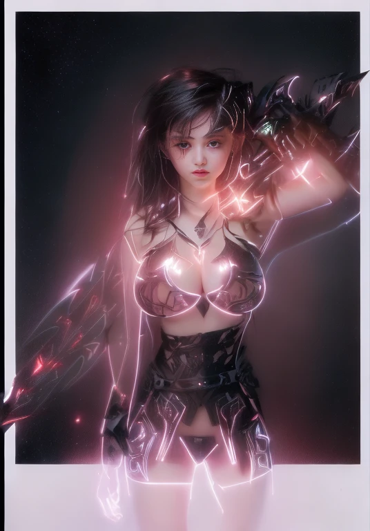 a ultra beautiful girl, with a black techno fantasy armor and a great sword in the back, cute, 12k, uhd, photorealistic,  red decourations, black short hairs, ((european white race)), (ultra beautiful gorgeous realistic), naked belly and (naked arms)