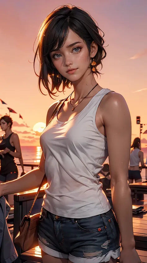 One girl, Photo Model, smile, Focus on your audience, Beautiful lighting, highest quality, masterpiece, Ultra-high resolution, Realistic, Black Hair, Short tank top, Shorts, Long Stockings, Medium chest, White skin,( Sunset background:1.4)