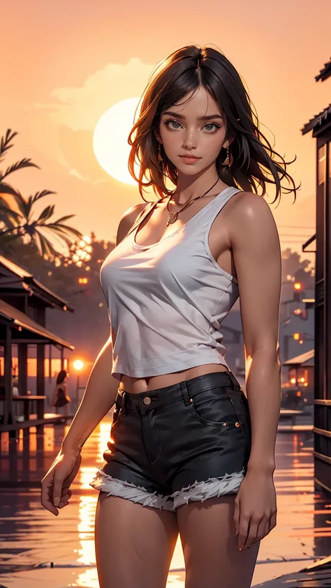 One girl, Photo Model, smile, Focus on your audience, Beautiful lighting, highest quality, masterpiece, Ultra-high resolution, Realistic, Black Hair, Short tank top, Shorts, Long Stockings, Medium chest, White skin,( Sunset background:1.4)