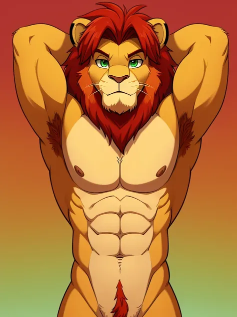 simba, a furry lion, furry, shirtless, muscular, male, red hair, cartoony, illustration, sharp focus, vibrant colors, medium length hair, topless, alone, single, two blogs hairstyle, yellowish fur, cartoony, smooth colors, smooth lining, red hairy armpits,...