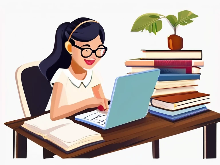 Online tuition girl studying using laptop and books on table, girl white dress and specs 