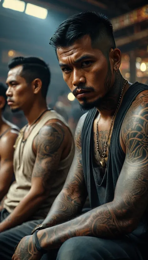 a group of menacing looking indonesian thugs with tattoos, sitting in the market, terminal,
digital uhd (64k) image, cinematic f...