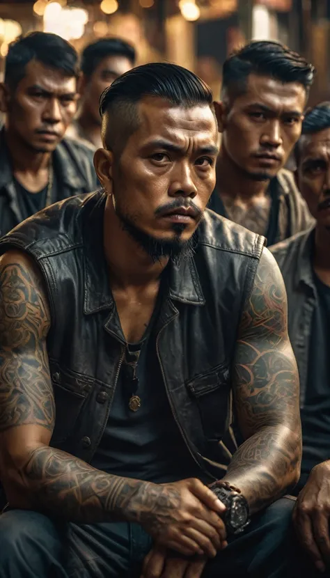 a group of menacing looking Indonesian thugs with tattoos, sitting in the market, terminal,
digital UHD (64k) image, cinematic film still dramatic side lighting, dramatic intense stare closeup portrait,  hdr,  shallow depth of field, vignette, highly detai...