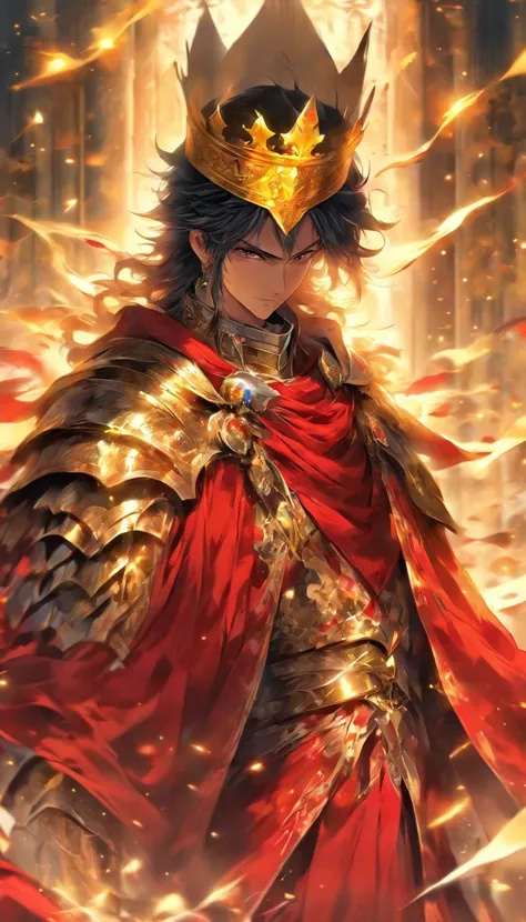 A king wearing yellowcrown,full red cloth outfit black hair , Knights at the back, soul, spiritual being, In a kingdom, spiritual energy, divine self, medieval.