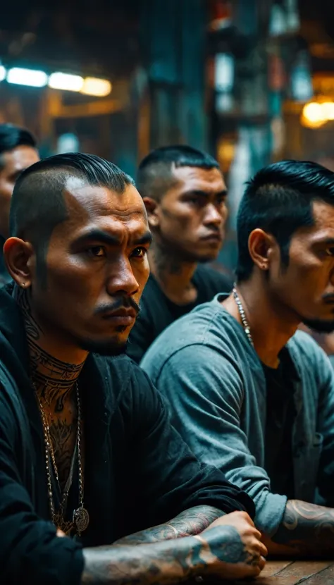 a group of menacing looking indonesian thugs with tattoos, sitting in the market, terminal,
digital uhd (64k) image, cinematic f...