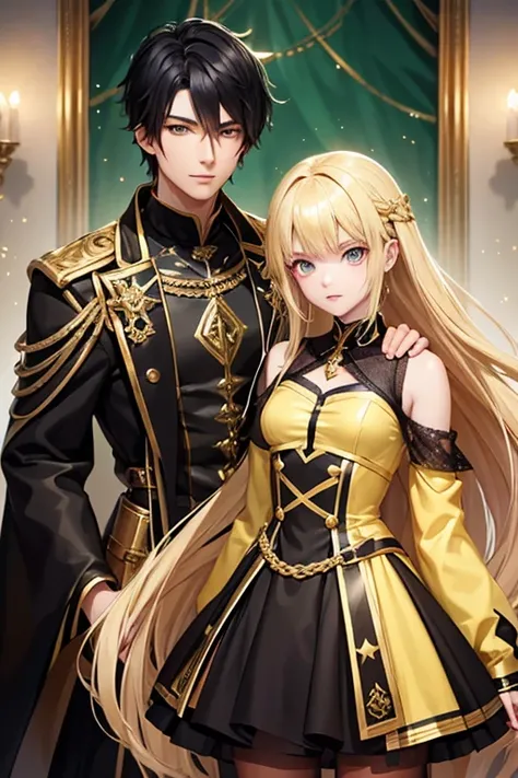 Fantasy　Fantasy　anime　A boy with black hair and green eyes and a girl with blonde hair and yellow eyes　dress　Cool clothes　Gold decoration　Sparkling