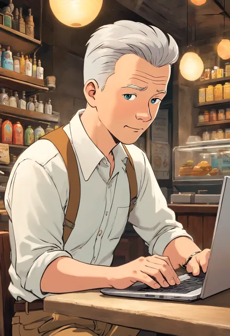 Tintin, 50 years old male wearing white shirt and brown cargo pants, slick and neat short grey hair, working on a laptop at a cafe, european comics