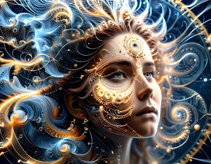 Un ciel étoilé où les constellations sont des Mathematical Equations réalistes qui prennent vie, their tendrils reach through the darkness, nombre Pi, fractals and complex geometric figures,  (une femme 35 ans, perfect and detailed eyes), ((Mathematical Eq...