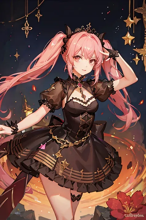 Night view　Dark　Sparkling　Fantasy　fantasy　masterpiece　highest quality　One Girl　Pink Hair　Gothic　Twin tails　Red decoration