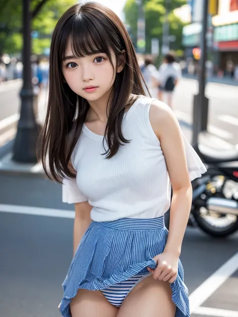 Highly detailed CG Unity 8k wallpaper, highest quality, Super detailed, masterpiece, Realistic, photo Realistic, Highly detailed cute girl, 20-year-old, (Micro Mini Pleated Skirt), (((スカートをLift it yourself))), (Lift it yourself), Blue and white striped low...