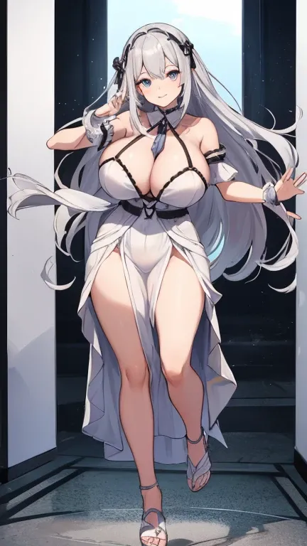 4K,Stylish summer dresses、Bedroom、(((Very large breasts)))、Written border、Dynamic pose、(Dark Eyes)、highest quality、(((Symmetrical eyes)))、20-year-old、smile、((Silver Hair))