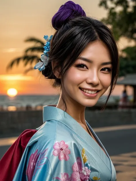 (((top quality, 8K, masterpiece))), Clear Focus, (Beautiful woman with perfect figure), Slim, (A hairstyle: up)), ((kimono: Cane)), street: 1.2. highly detailed face and skin texture. detailed eyes. Double eyelids. random pose., (smile),super cute Japan pe...