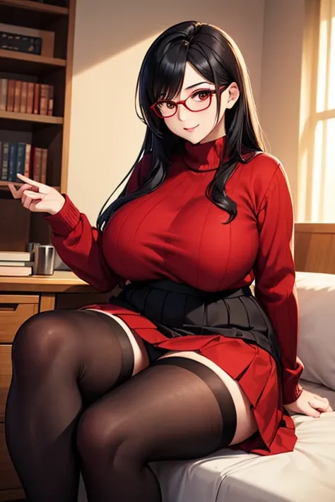 Mature Woman、Black Hair、long hair、Red-rimmed glasses、Super big 、Plump thighs、Red Sweater、skirt、stockings、indoor