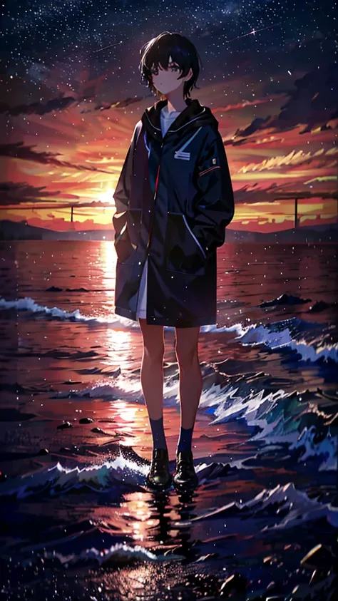 At night, Teenager standing by the sea，Looking up at the starry sky，Full body photo，delicated，nood