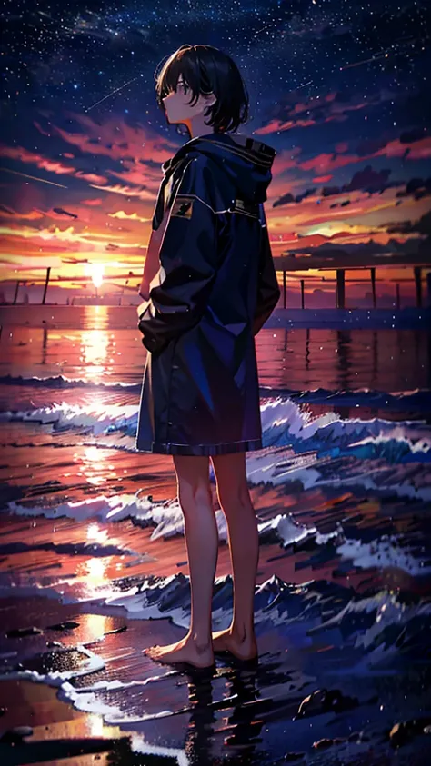 At night, Teenager standing by the sea，Looking up at the starry sky，Full body photo，delicated，nood