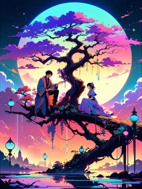 yinji，romantic ancient style，night，backlight，a man and a woman sitting on a tree branch，there is a full moon behind，fresh colors...