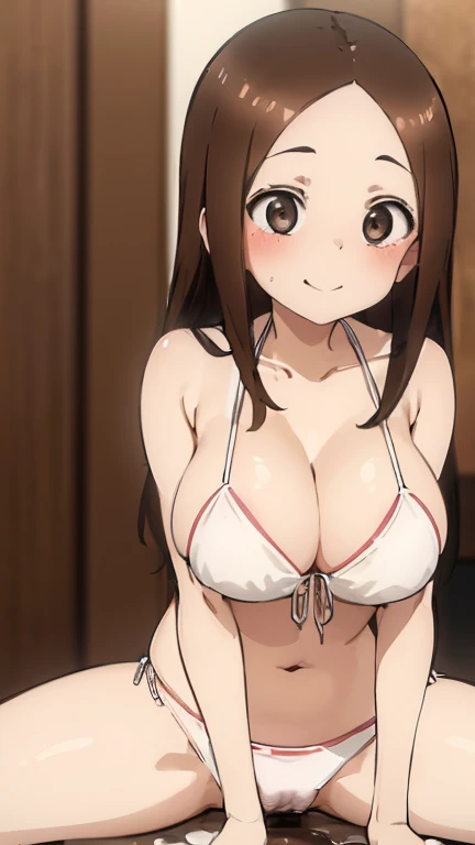 1 girl、(((Vaginal,Sex)))、Huge breasts、A melting smile、Brown Hair、Bangs parted in the middle、The forehead is visible、Embarrassed face、Blushed、(((White Bikini)))、(Big Breasts:1.5)