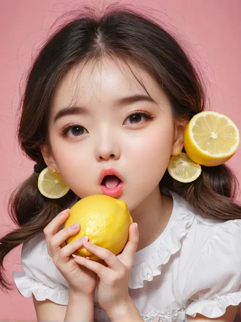 Eat lemons挑战，girl，Eat lemons，Sour expression，Slobber