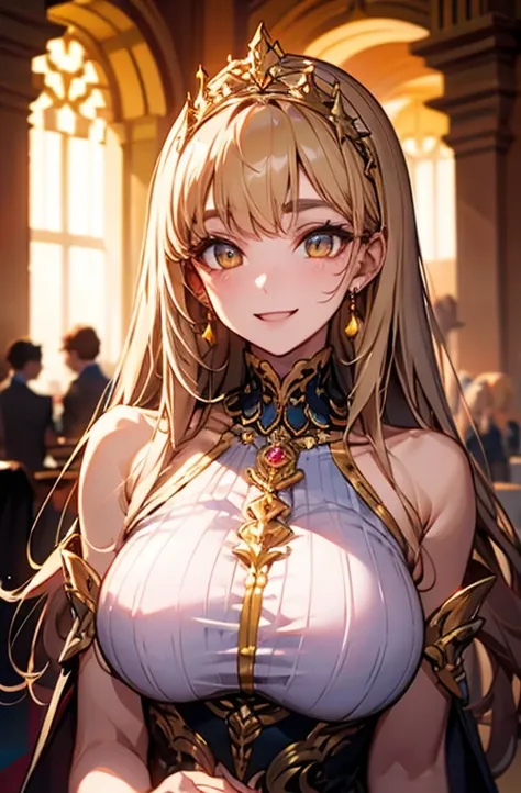 Princess , in castle, high quality, super quality, (detailed face:1.4) ,beautiful woman , golden eyes, long blonde hair , tight gorgeous dress, tiara, necklace , earring , sharpe eyebrow , beautiful bangs are covering her eyes , huge breast  ,upper body  ,...