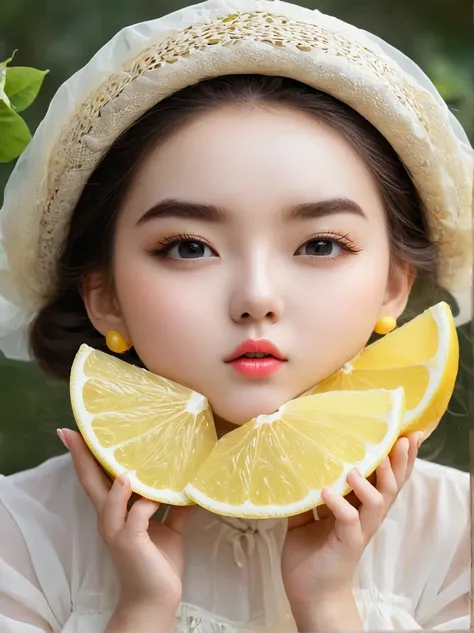 Eat lemons挑战，girl，Eat lemons，Eyes widened，(The eyebrows are slightly raised)，(The sour taste makes your face wrinkled:1.5)，(Slobber:1.5)