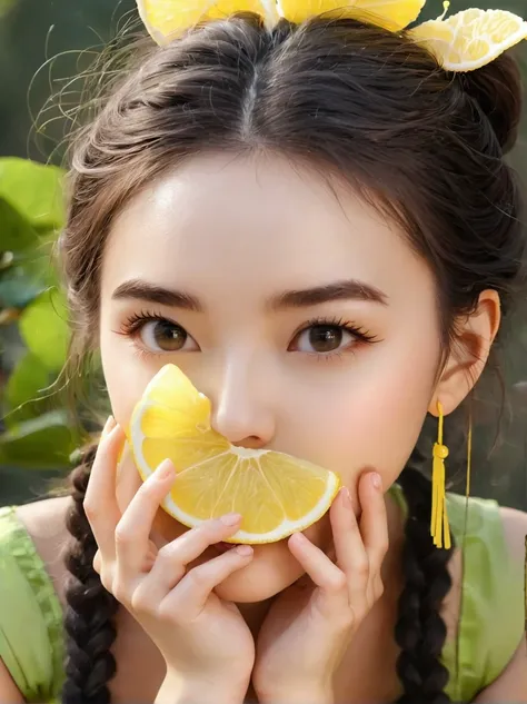 Eat lemons挑战，girl，Eat lemons，Eyes widened，(The eyebrows are slightly raised)，(The sour taste makes your face wrinkled:1.5)，(Slobber:1.5)