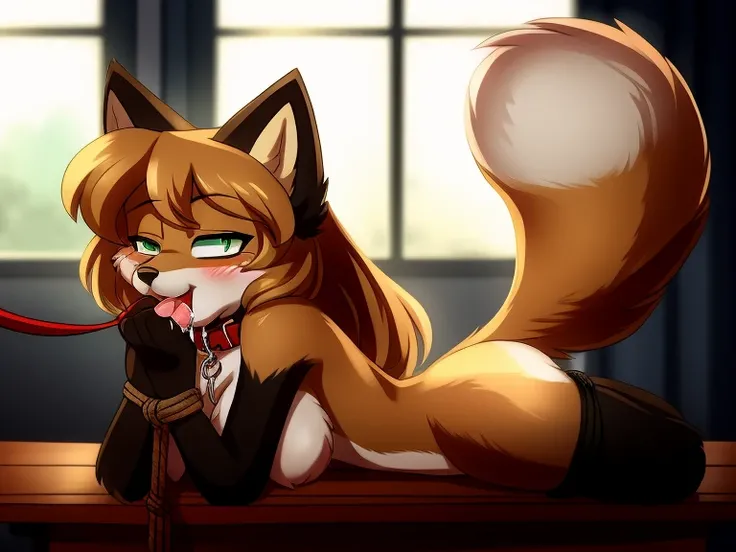 Nervous smiling, uploaded the e621, simple background, on a table, beautiful and detailed, woman (((female))) ((anthro)) Fox, (Averi, Fox girl), cinematic lighting, Fox, (anthro, fluffy fur, character focus:1.1), 1girl, anthro fox girl, body fur, curvy, se...