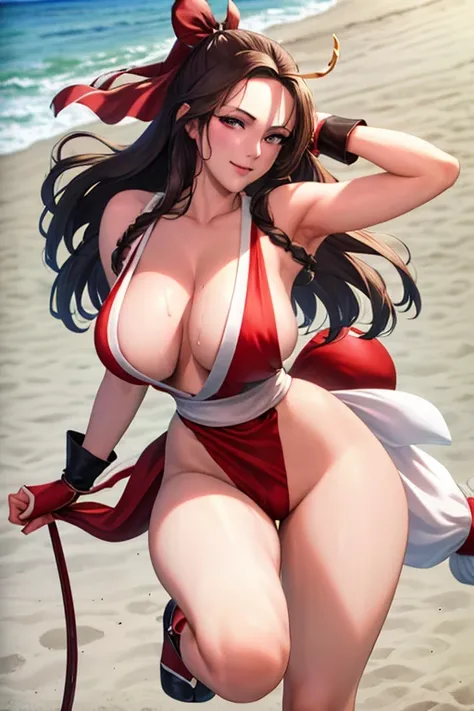 masterpiece, best quality, beautiful art, high resolution, well formed hands, body and fingers, 1 woman, solo, LyndaCarter  grown up, adult, cosplaying as Mai Shiranui , adult, big breasted, cleavage full body, long hair, hair ribbon, gorgeous legs and, th...