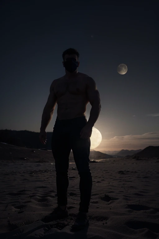 Create a shadow of a man (without visibility his face and his whole body it should be seems loke a totally shadow only shapes should be visible and in background only moon and infront only darkeness and in dark and picture from left angel) beard and muscle...