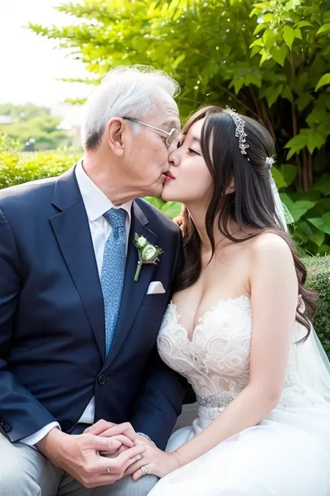 korean young girl bride and korean old man groom having a deep kiss in a garden, 20 years old korean young girl and 60 years old korean old man, lovely couple, happy couple, kissing, wedding photo, wedding, couple portrait, realistic, halfbody, hd,