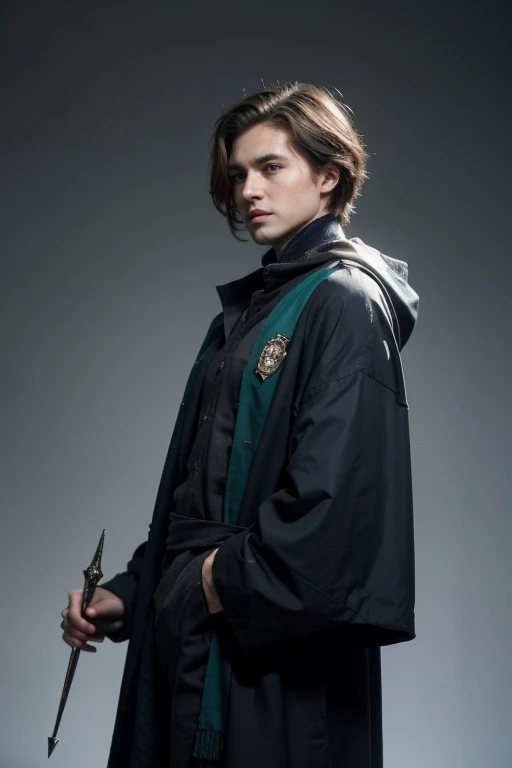 •Name: Xandar Solace •Gender: Male •Appearance: Short yet slightly messy brown hair, sharp dark blue eyes, tall/slim figure, and has a fair complexion. •Hogwarts House: Slytherin •Blood Status: Purblooded wizard of the Solace family. 

Xandar Solace stands...