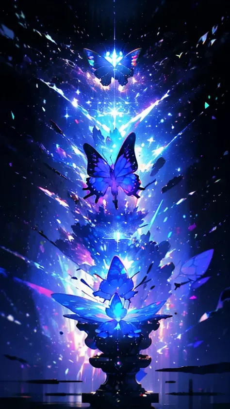 {{masterpiece, best quality, Extremely detailed CG, unified 8k wallpaper, movie lighting, }}, Butterfly，Dreamy purple butterfly，（Pure black background），crystal shard，A little bit of light，Tyndall effect，（plain background），（nobody），no one