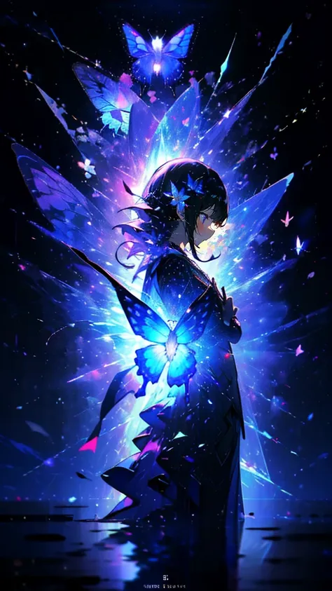 {{masterpiece, best quality, Extremely detailed CG, unified 8k wallpaper, movie lighting, }}, Butterfly，Dreamy purple butterfly，（Pure black background），crystal shard，A little bit of light，Tyndall effect，（plain background），（nobody），no one