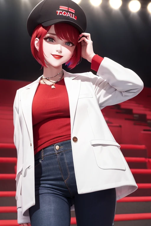 girl at concert , white jacket , black hat,  Wild rebel haircut, short red hair, dark red lips, bright skin ,cute smile , blue pants ,sunny day