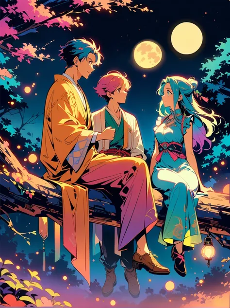 yinji，romantic ancient style，night，backlight，a man and a woman sitting on a tree branch，there is a full moon behind，fresh colors...