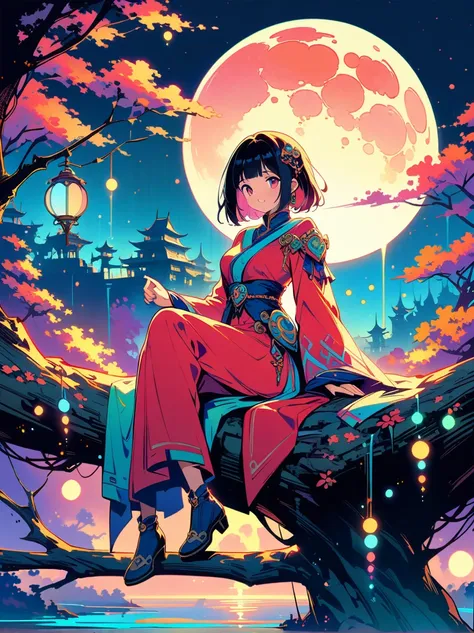 yinji，Romantic ancient style，night，Backlight，A man and a woman sitting on a tree branch，There is a full moon behind，Fresh colors，Soft colors，Diode lamp，Concept art style，Extremely complex details，Clear distinction between light and dark，Structured，Ultra HD...