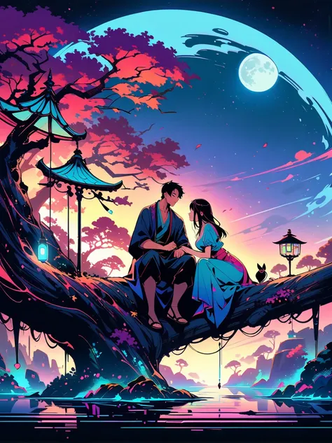 yinji，romantic ancient style，night，backlight，a man and a woman sitting on a tree branch，there is a full moon behind，fresh colors...