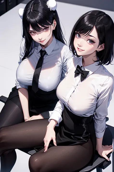 juri han,evil smile, work of art, tight white secretary shirt with black tie, black high waist skirt, short skirt, black hair, black tights, evil smile, office, bangs in the eyes, lighting, hair horn, vision of up, looking up, evil smile, sitting on an off...