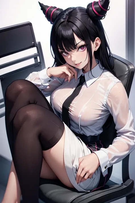 juri han,evil smile, work of art, tight white secretary shirt with black tie, black high waist skirt, short skirt, black hair, black tights, evil smile, office, bangs in the eyes, lighting, hair horn, vision of up, looking up, evil smile, sitting on an off...