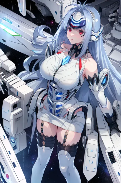 One Woman、whole body、(Spacewalk)、skinny、(Highest quality)tall、White garter stockings、Expressionless、White long gloves、Beauty、((Background、Huge white spaceship))、Blue Hair、Heavily armed、Strong eyes