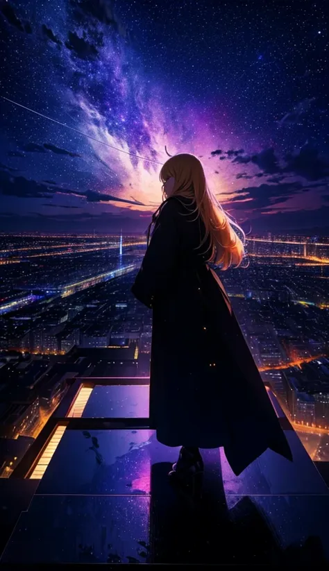 １people々々々々々々々々々々,blonde long-haired woman，long coat， dress silhouette， rear view，space sky, comet, anime style, city night view...