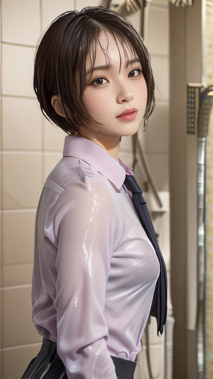 wearing clothes, (NSFW), (1 girl:1.3), (((In a dark and gloomy world))), shot above the knee, cowboy shot, Viewers are looking up, Japanese, 17 year old supermodel, thin, high school girl, Unlit shower room:1.3, (((Take a bath in your shower room at home:1...