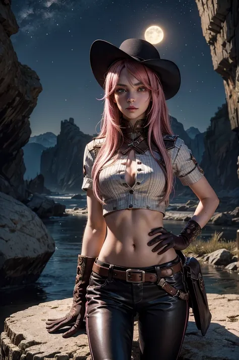 neopolitan, neopolitan, long hair, brown hair, (brown eyes:1.3), brown eyes, pink eyes, (heterochromia:1.2), ((two-tone hair, split-color hair, pink hair, brown hair, multicolored hair)), BREAK gloves, hat, navel, detached sleeves, midriff, belt, pants, wh...